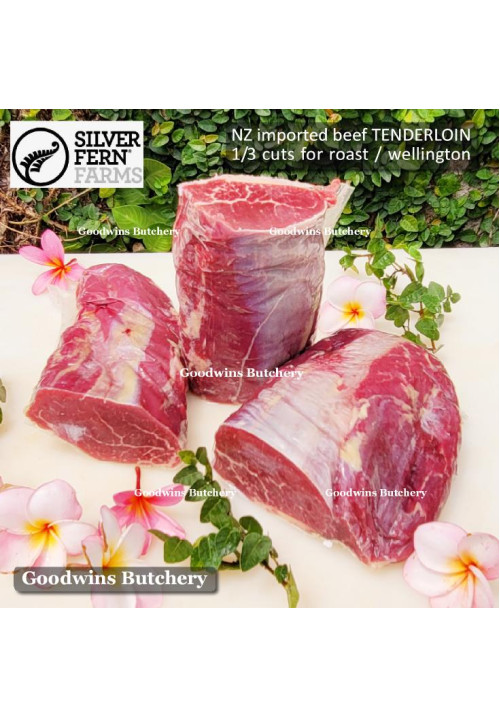 Beef Eye Fillet Mignon Has Dalam TENDERLOIN New Zealand SILVERFERN frozen 5 days aged 1/3 WELLINGTON ROAST CUTS (price/pc 600g)